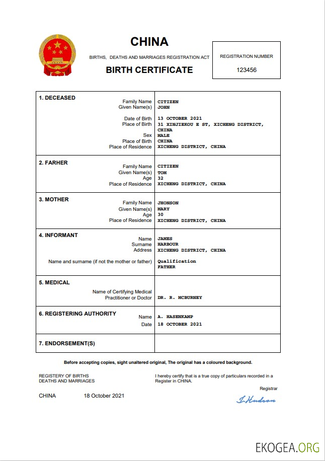 Modèle Word et PDF d'acte de naissance en Chine